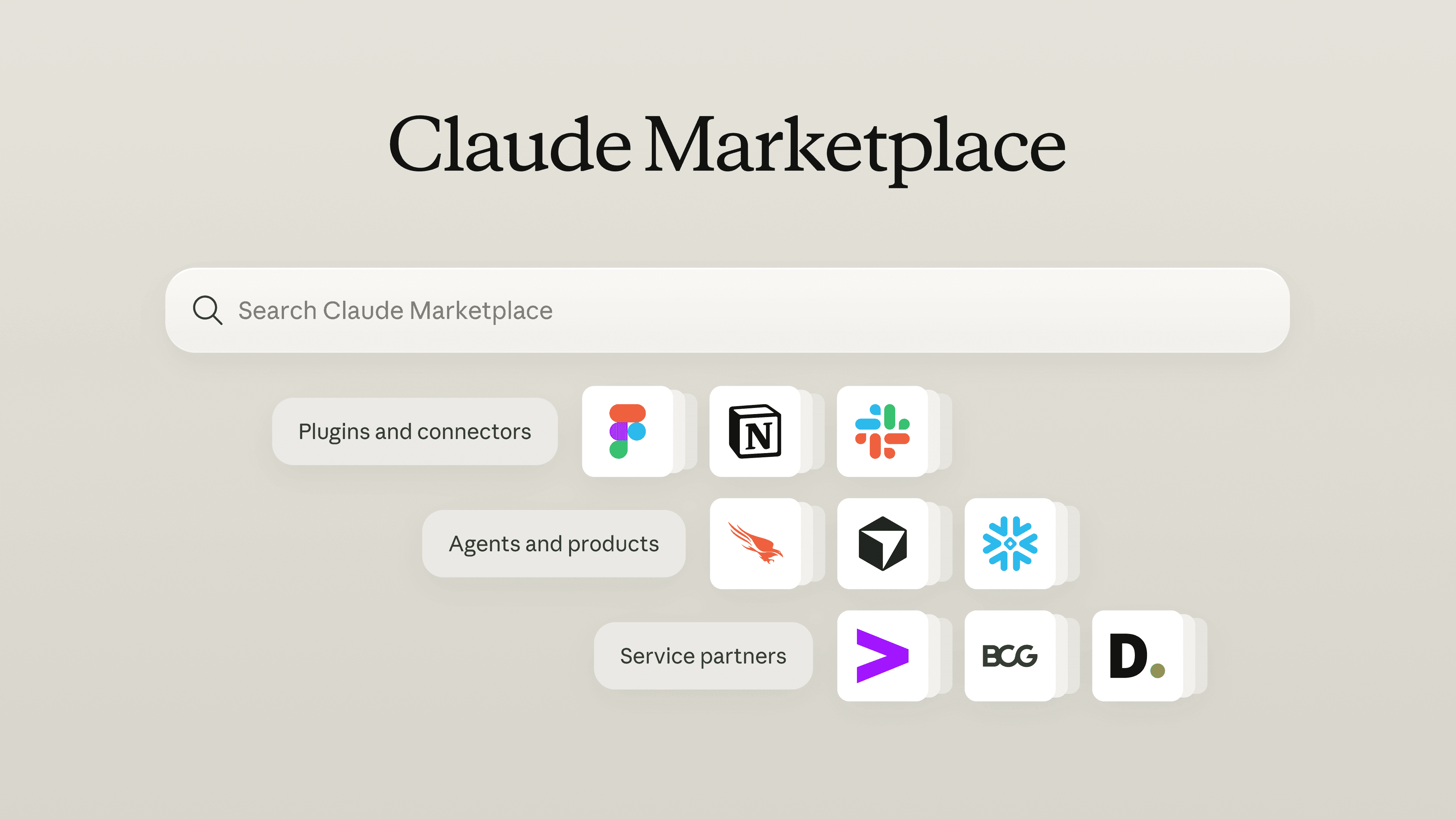 Illustration of Claude Marketplace's three categories: connectors and plugins, agents and products, and service partners.
