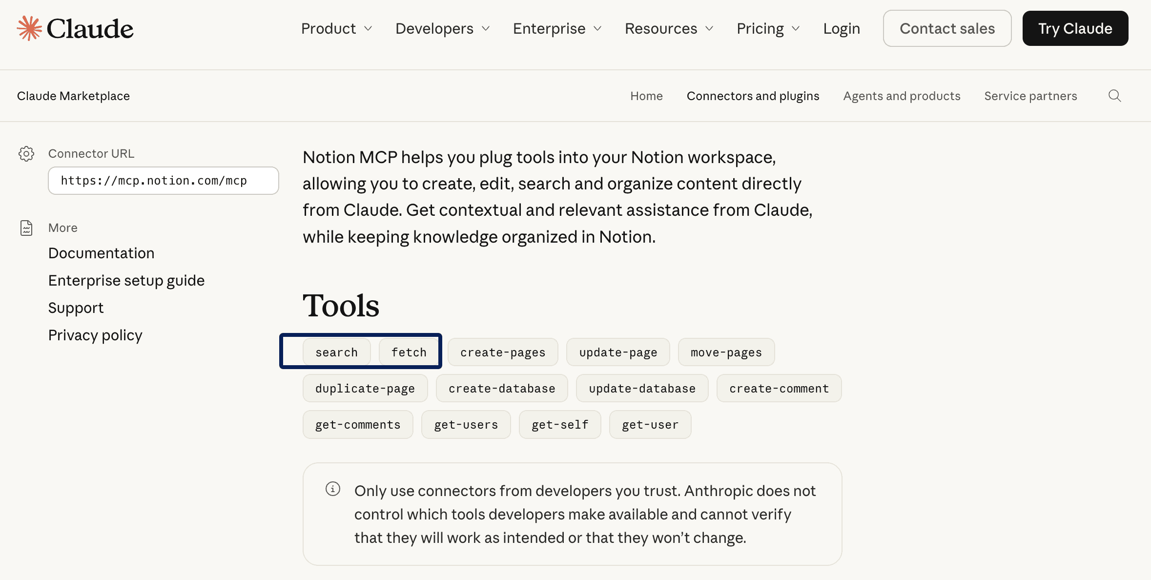 Notion connector listing showing search and fetch alongside write-capable tools such as create-pages and update-page.