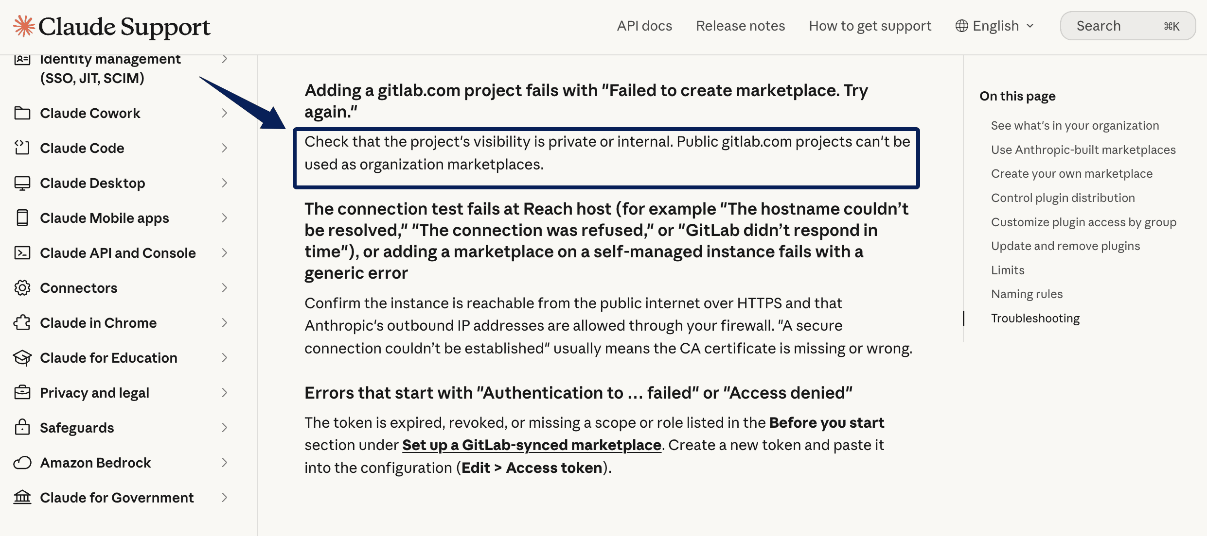 Claude Support screenshot stating that a public gitlab.com project cannot be used as an organization plugin marketplace.