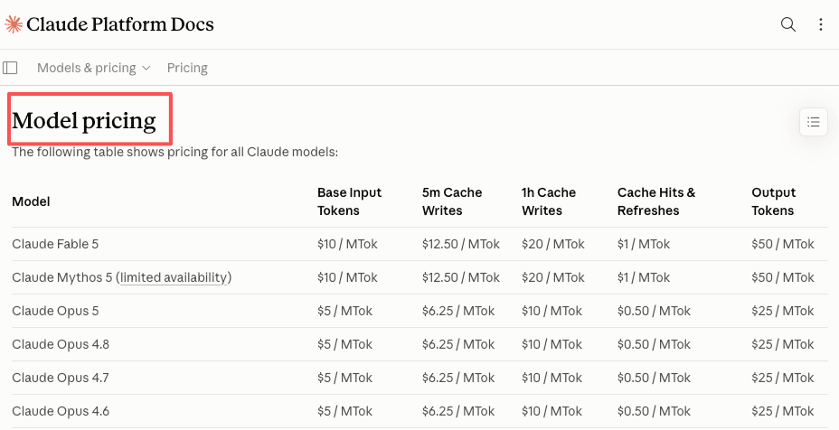 Claude Platform documentation model pricing table listing Opus 5 and Opus 4.8 at $5 input and $25 output per million tokens, Sonnet 5 at $2 and $10, and Fable 5 at $10 and $50