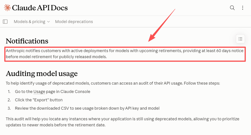 Claude API documentation on model deprecations, highlighting that Anthropic gives at least 60 days notice before retiring a publicly released model