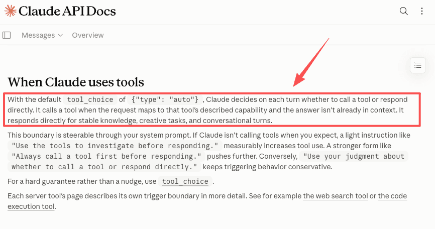 Claude API documentation on when Claude uses tools, explaining that the default tool_choice of auto lets the model decide each turn whether to call a tool