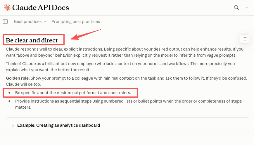 Claude API prompting best practices documentation, with the be clear and direct section highlighting being specific about the desired output format and constraints