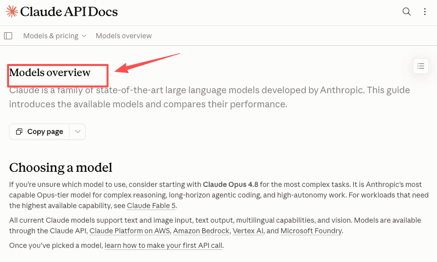 Claude API models overview documentation showing the choosing a model section, used to check what changed between model versions