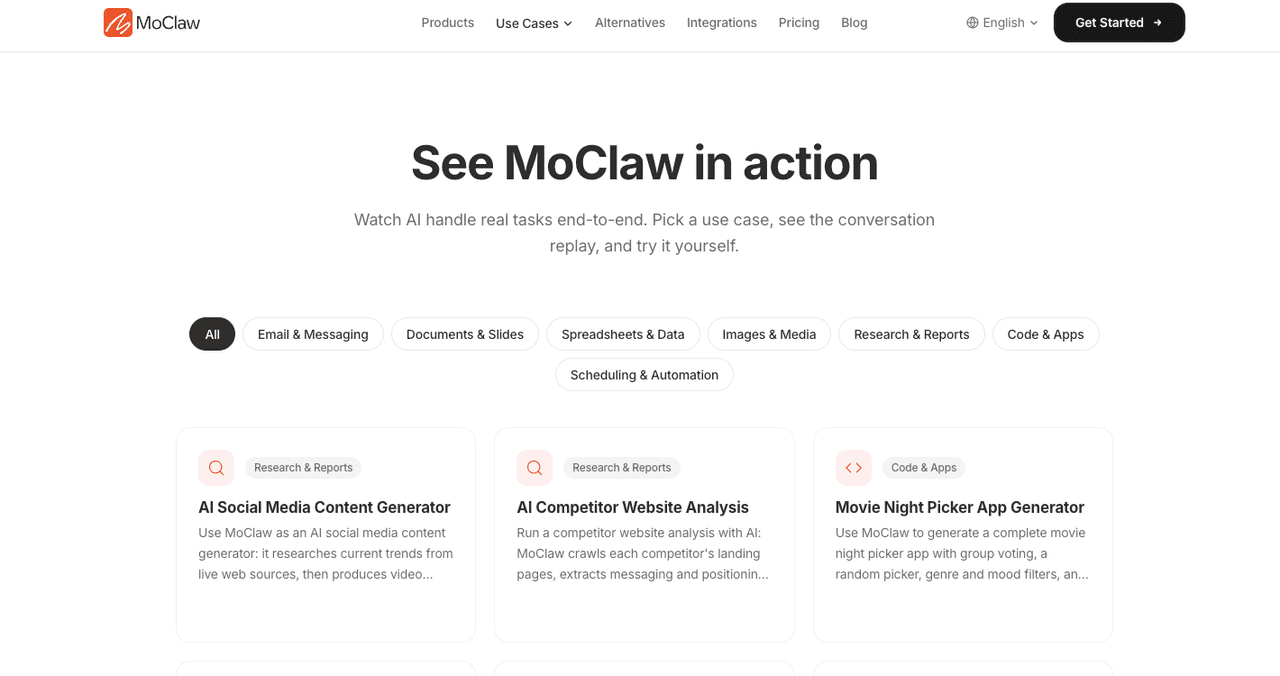 Zentor (formerly MoClaw) See Zentor in action use-cases page showing AI handling real tasks across email, documents, spreadsheets, research, and scheduling