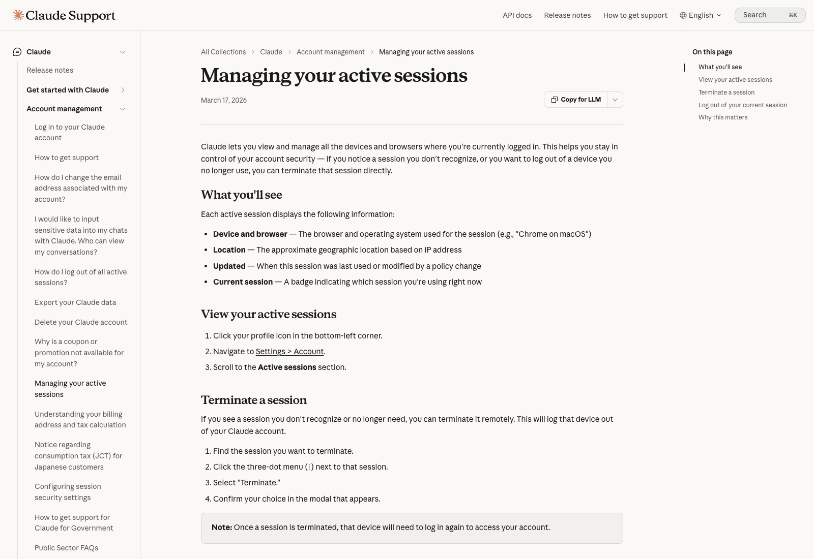 Anthropic's session management page, dated 17 March 2026, showing that each active session exposes device, browser, approximate location by IP, and a badge for the session you are currently using