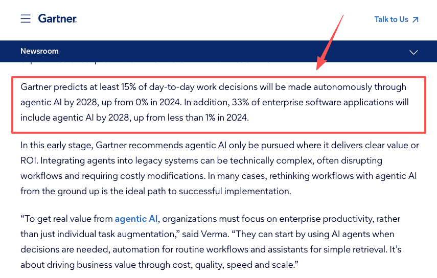 Gartner newsroom prediction that at least 15% of day-to-day work decisions will be made autonomously by agentic AI by 2028, up from 0% in 2024