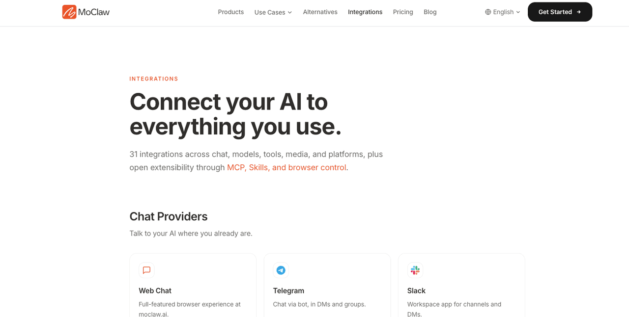 Zentor (formerly MoClaw) Integrations page, Connect your AI to everything you use, listing chat providers Web Chat, Telegram, and Slack