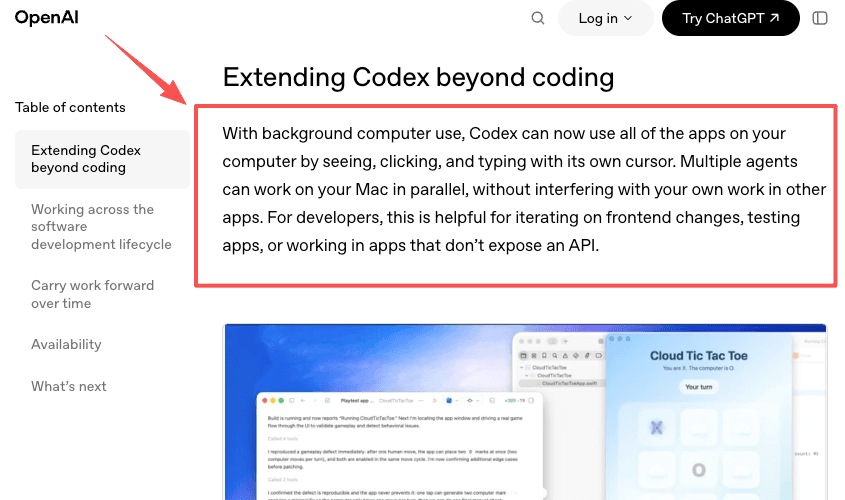 OpenAI documentation page titled Extending Codex beyond coding, describing background computer use where Codex sees, clicks, and types with its own cursor