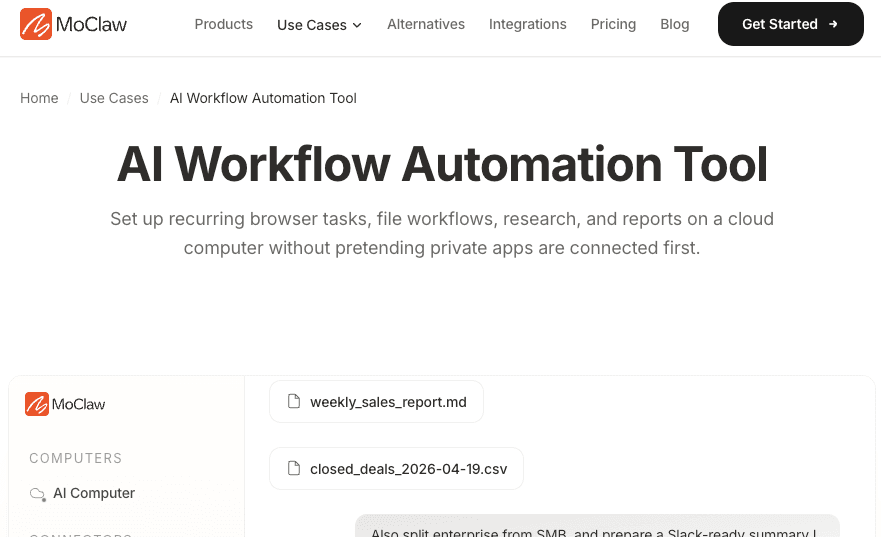 Zentor (formerly MoClaw) AI Workflow Automation Tool page showing recurring browser tasks, file workflows, research, and reports on a cloud computer