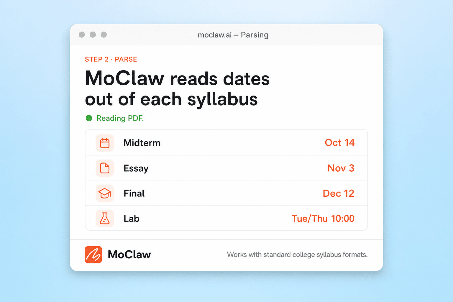 Step 2: Zentor (formerly MoClaw) extracting dates from syllabus PDFs