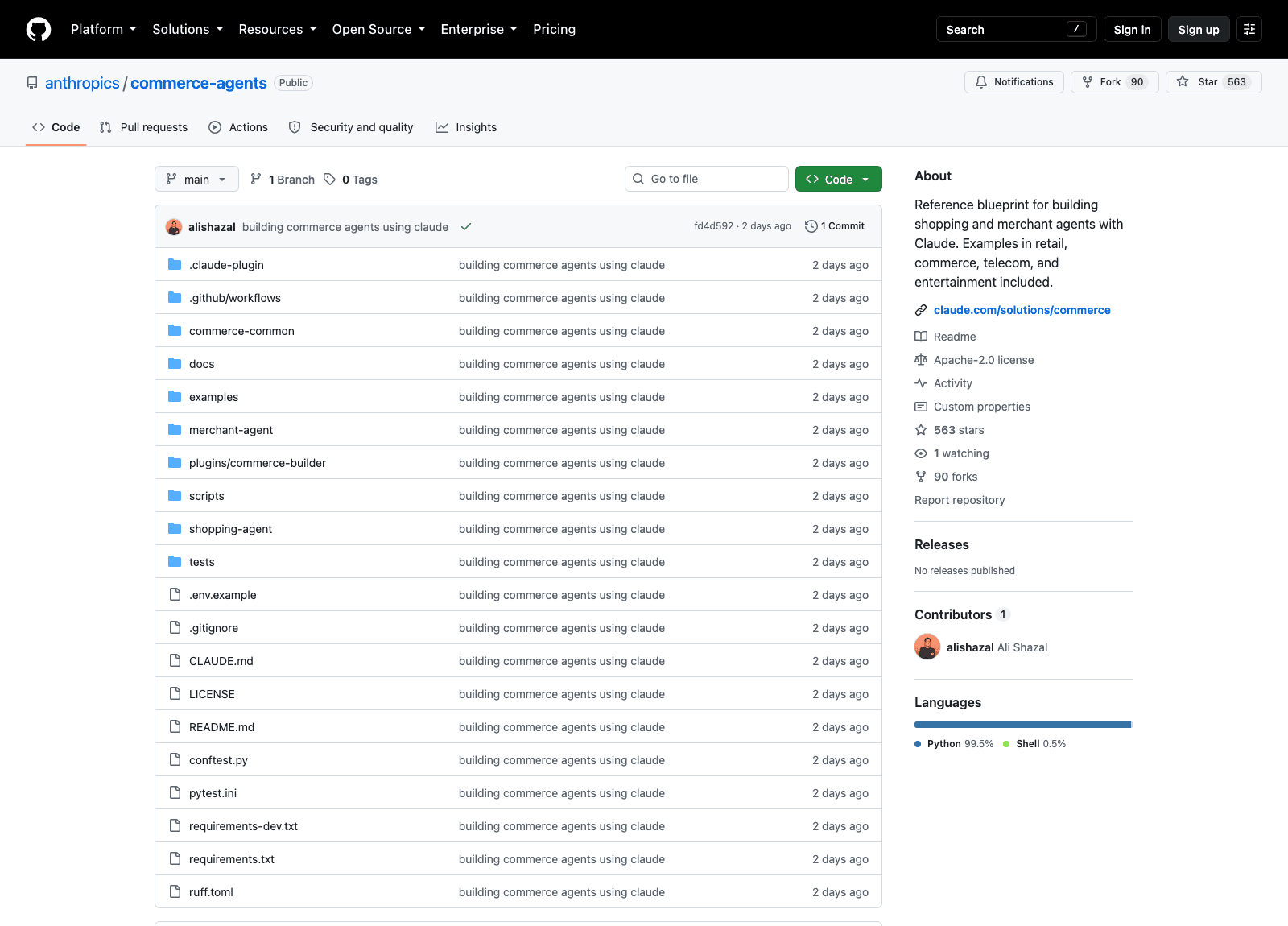 The anthropics/commerce-agents repository on GitHub two days after publication: one commit, 560 stars, Apache-2.0, with shopping-agent, merchant-agent, commerce-common, examples and plugins directories