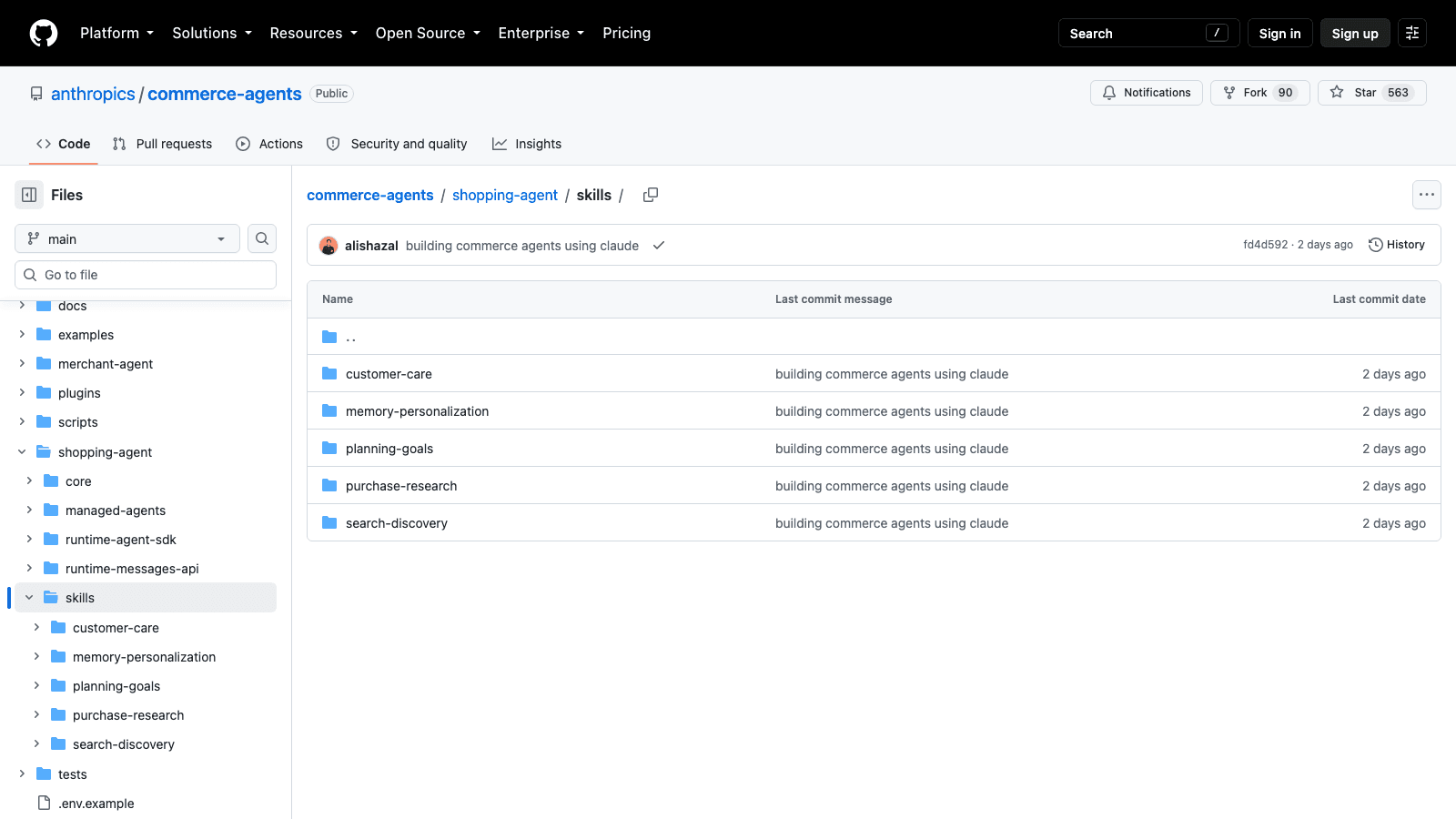 The shopping agent's skills directory: five folders named customer-care, memory-personalization, planning-goals, purchase-research and search-discovery, each one a flow the agent can run