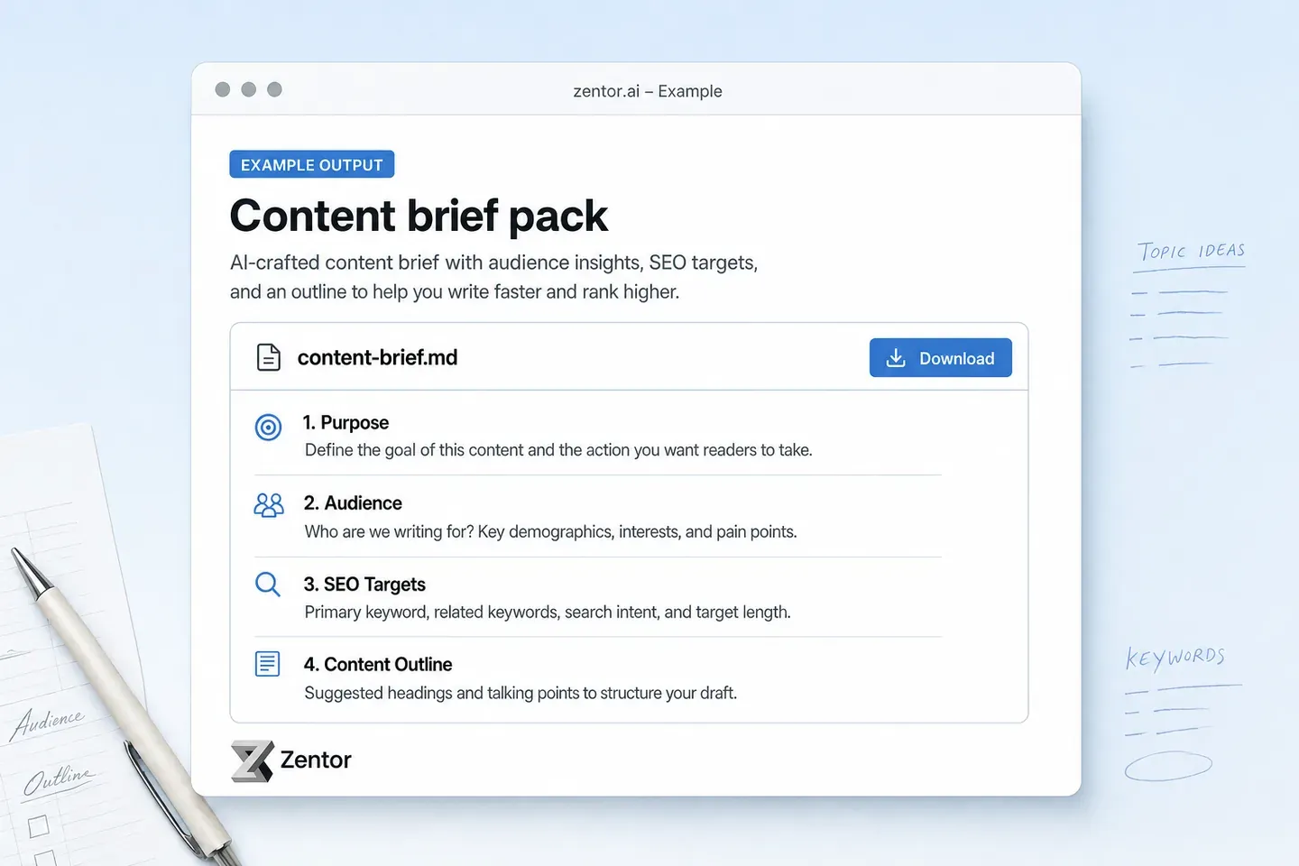 Example content brief output with intent and H2 outline