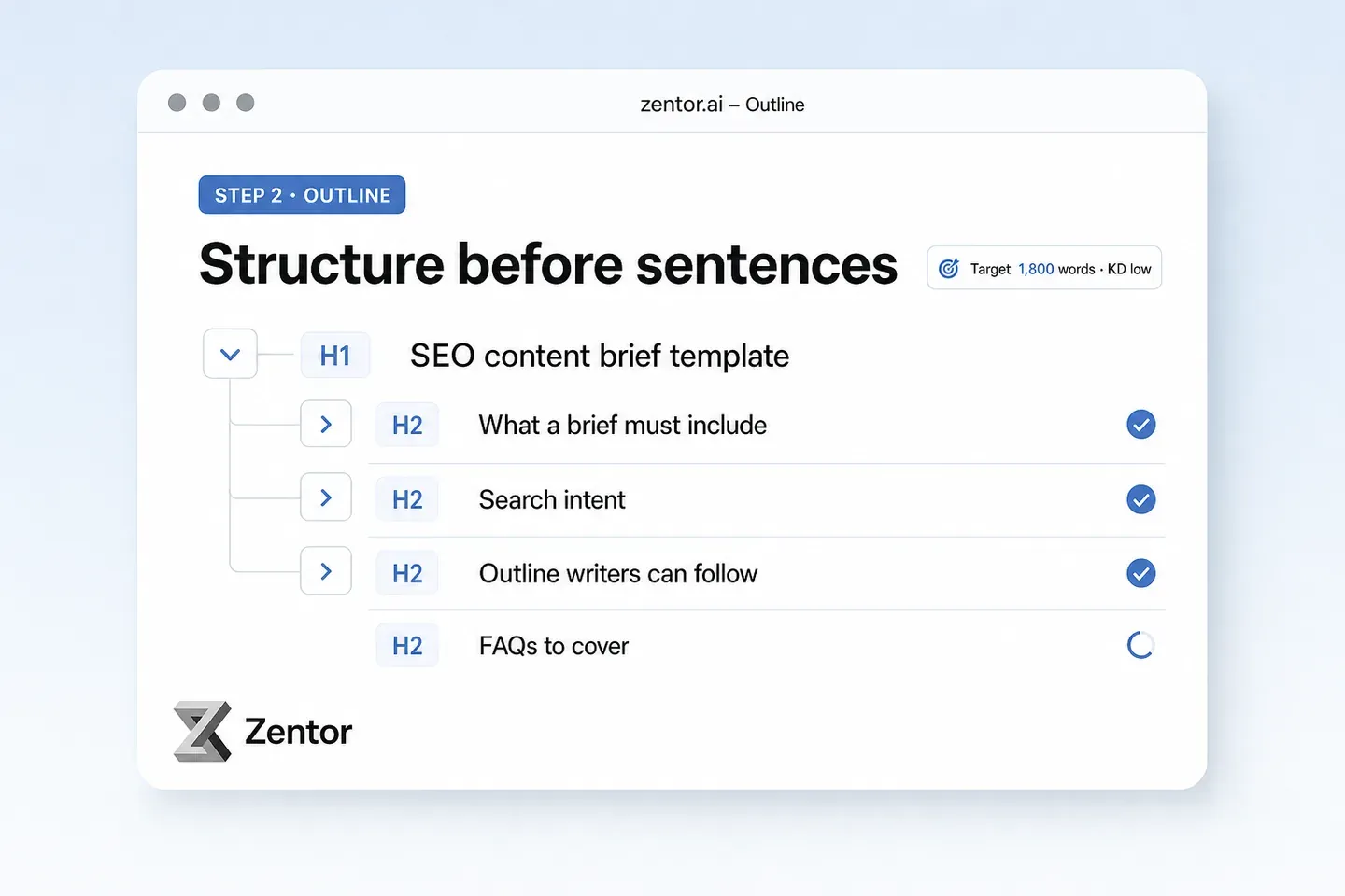 Step 2: Zentor building an H2 outline for the content brief