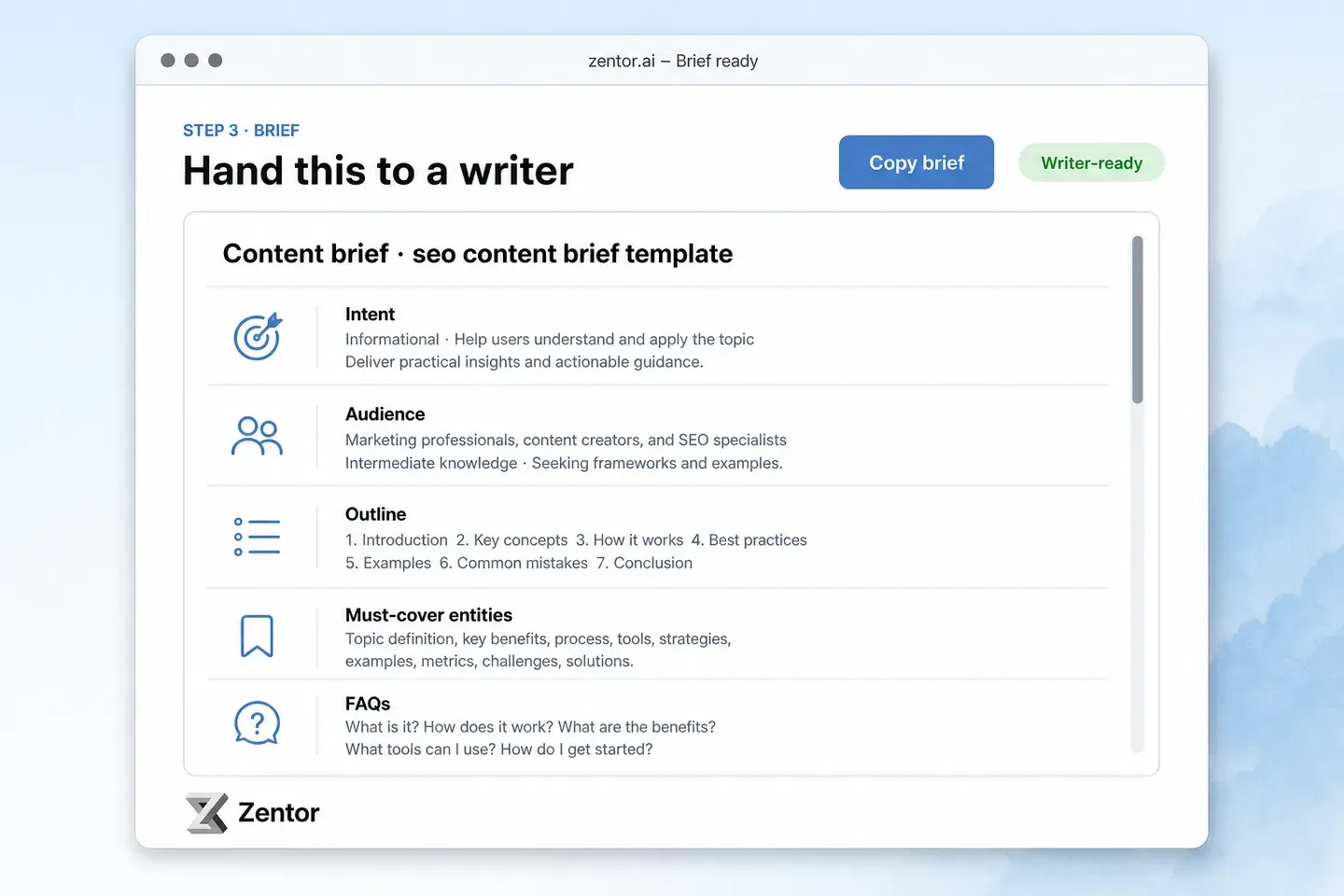 Step 3: finished SEO content brief document with sections