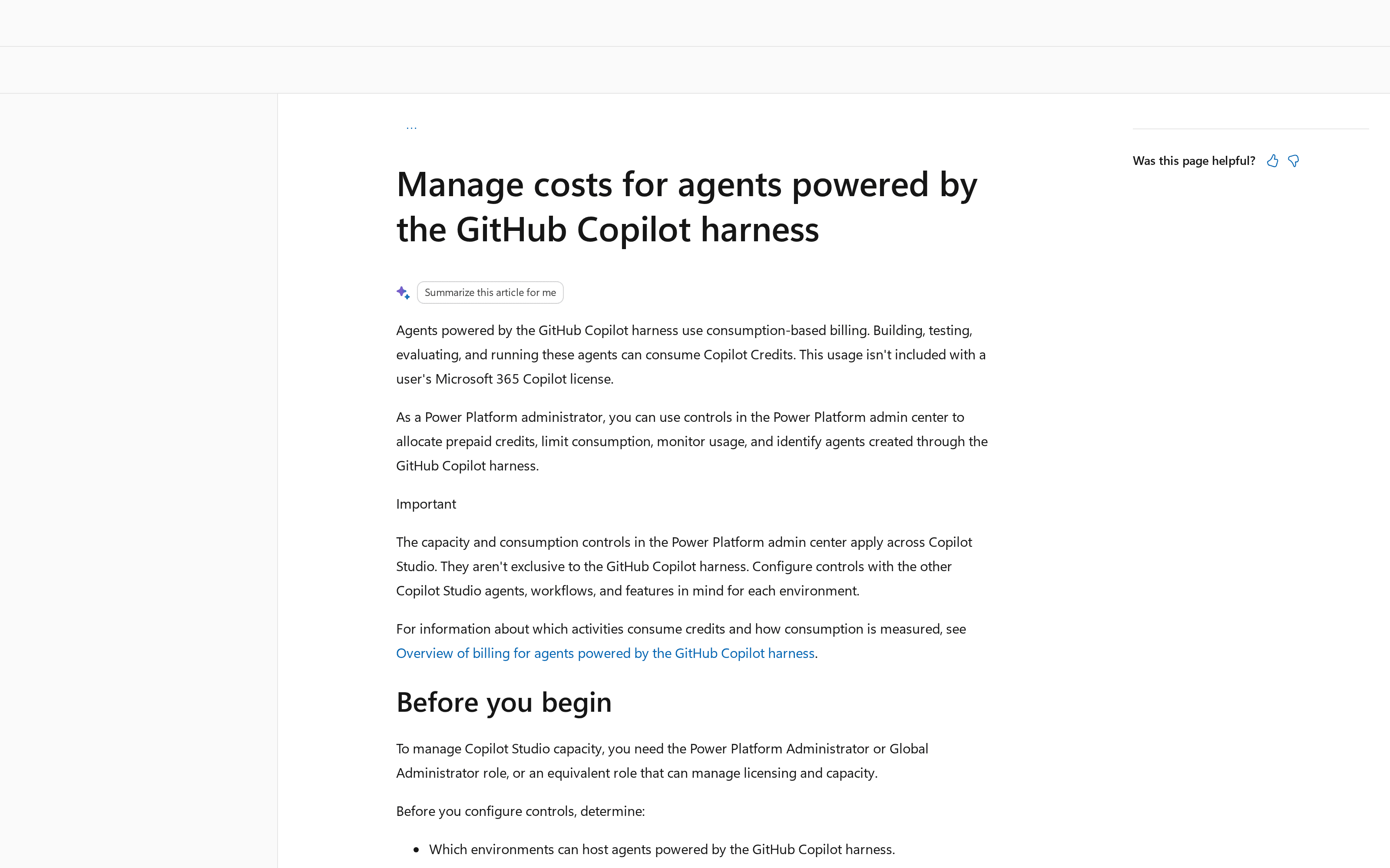 Microsoft Learn's public cost-management documentation describing metered harness agents and admin controls