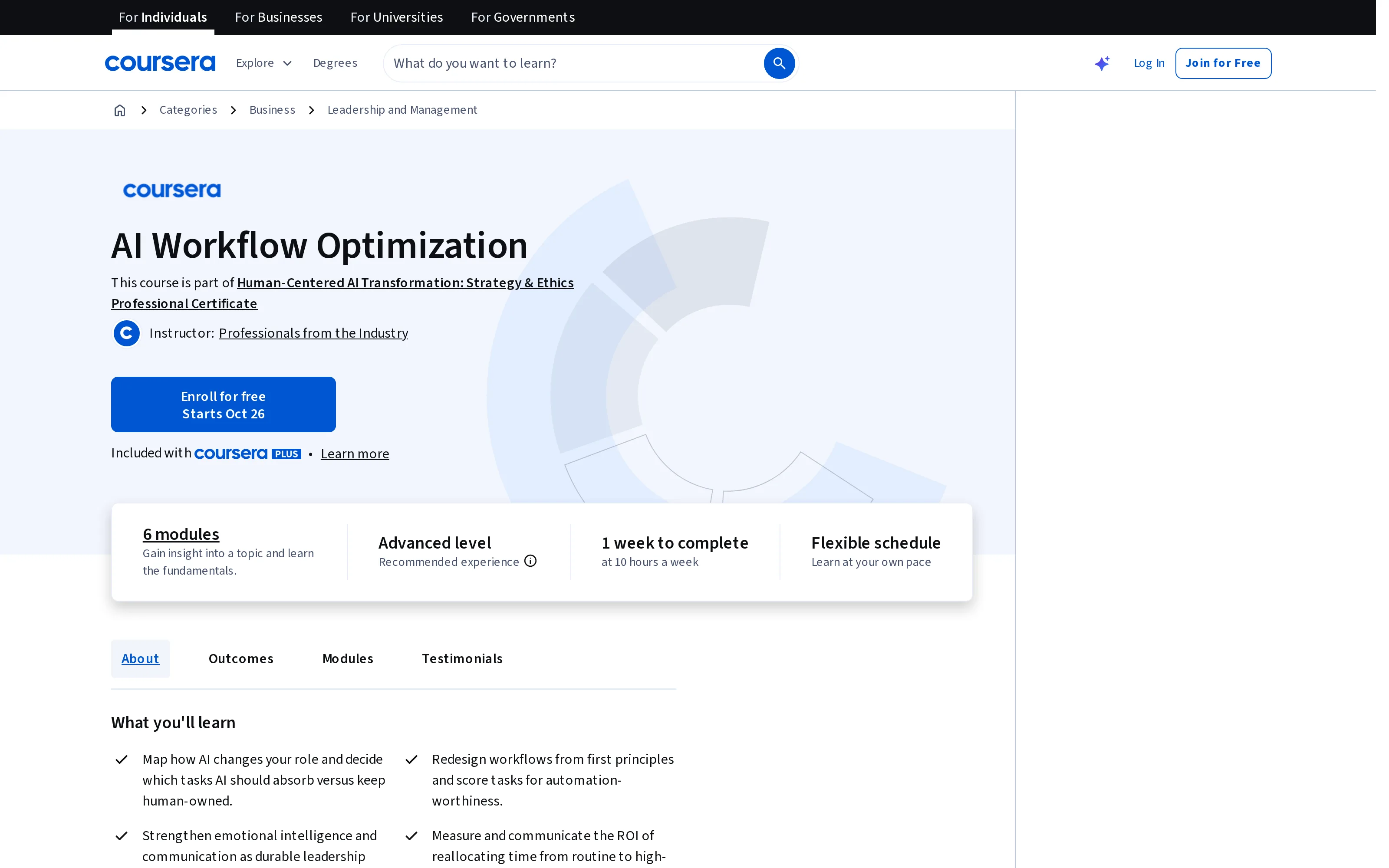 Public Coursera course page showing the learning objective to redesign workflows from first principles and score tasks for automation-worthiness