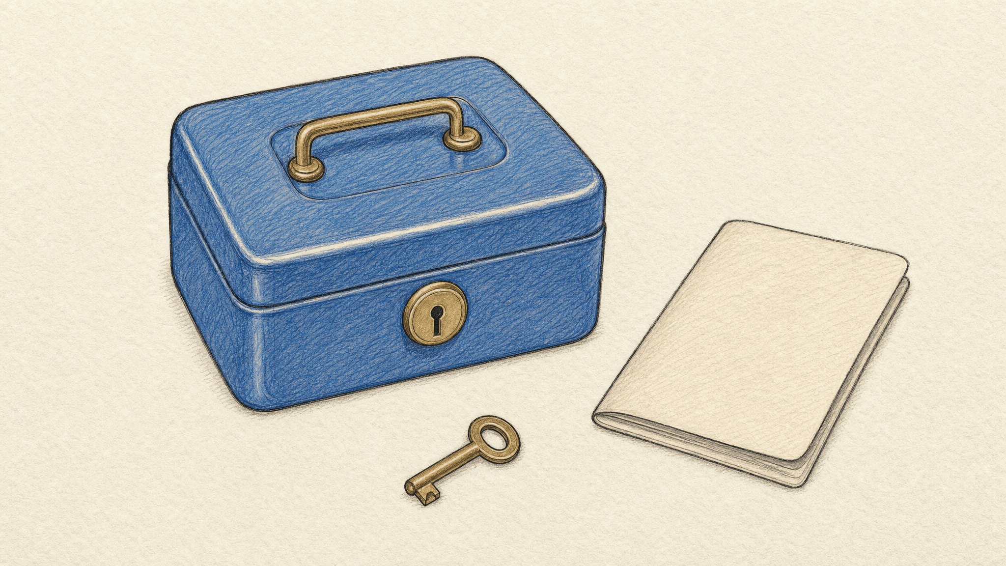 A blue locked box, blank notebook and loose key show why a bank password grants broader access than an account question requires.