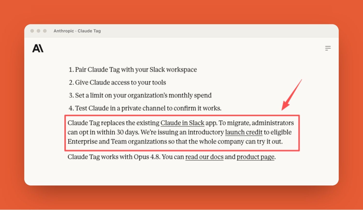Claude Tag setup steps and the note that it replaces the older Claude in Slack app, with a 30-day admin migration window