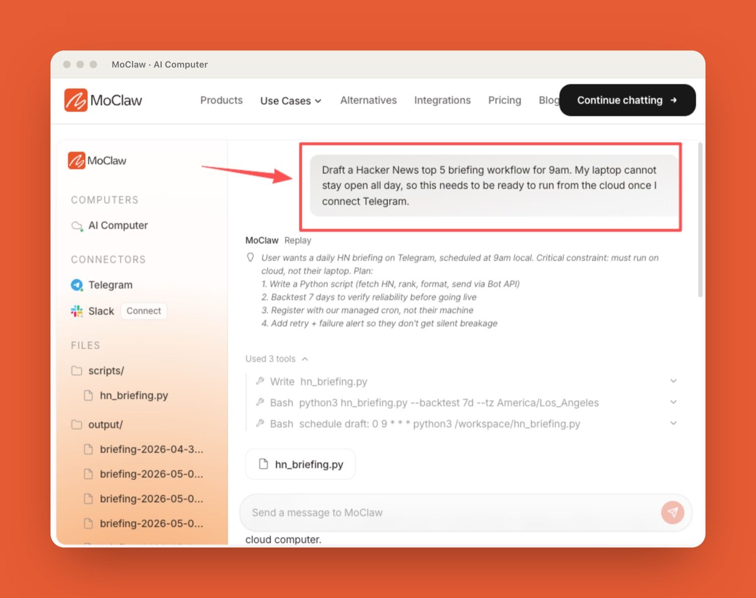 Zentor (formerly MoClaw) running a recurring Hacker News briefing from the cloud after a single tagged request, not from a laptop that has to stay open