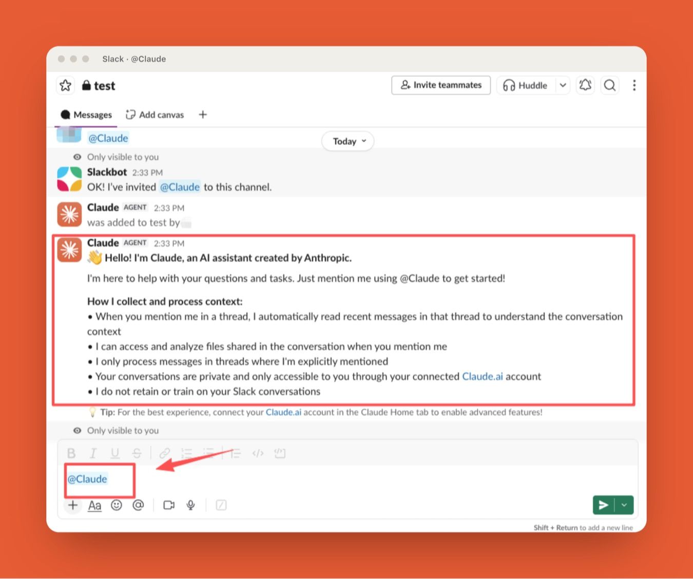 Tagging @Claude as one shared identity in a Slack channel, visible to the whole team instead of a private DM