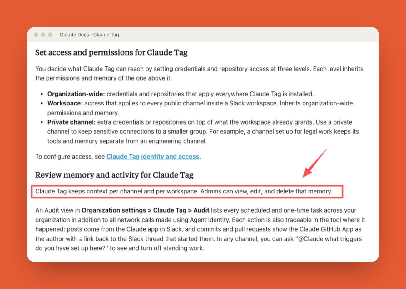 Claude Tag access levels for credentials and repositories, with per-channel memory that admins can view, edit, and delete