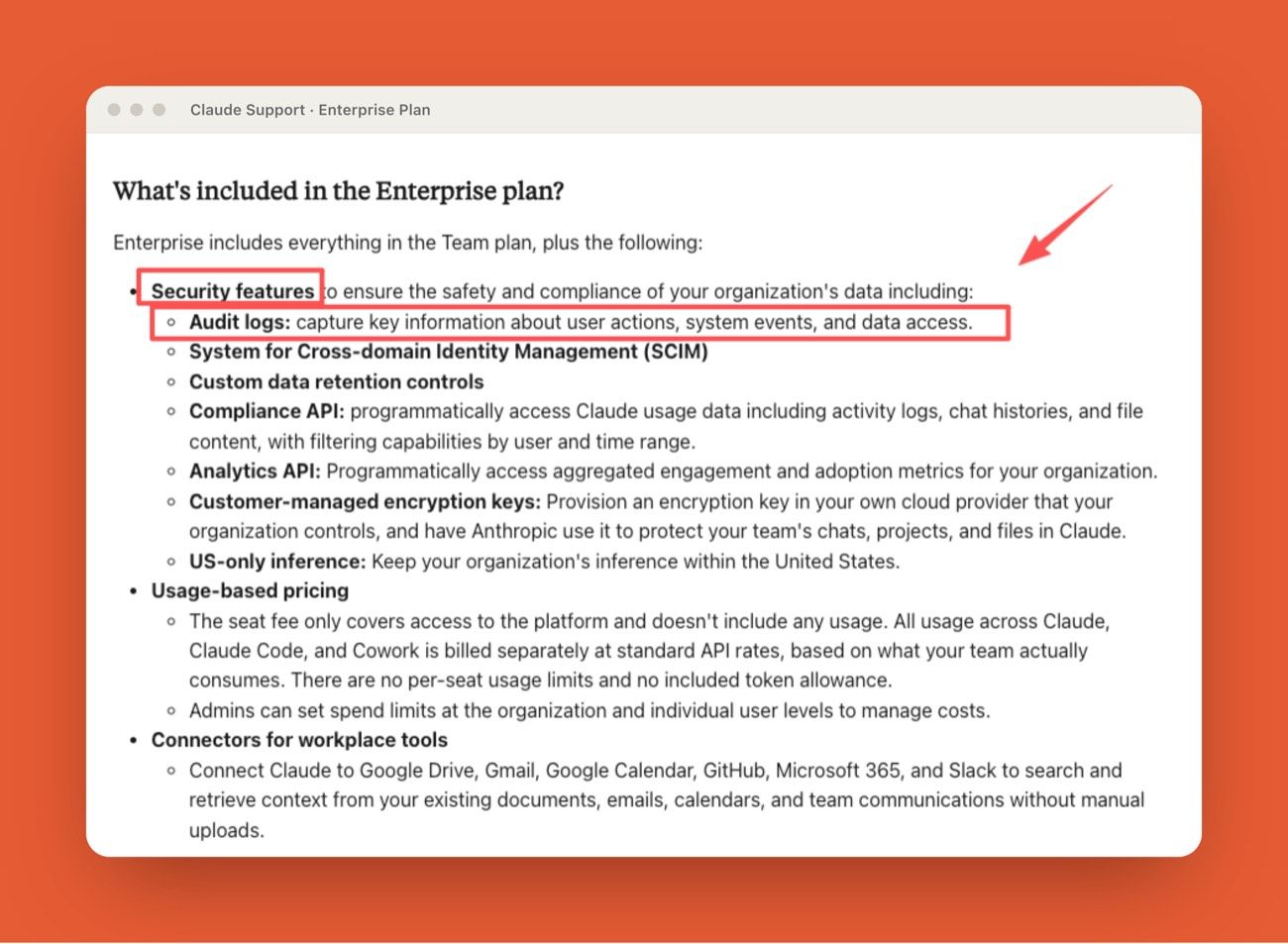 Claude Enterprise plan security features including audit logs, SCIM, custom data retention, and role-based permissions