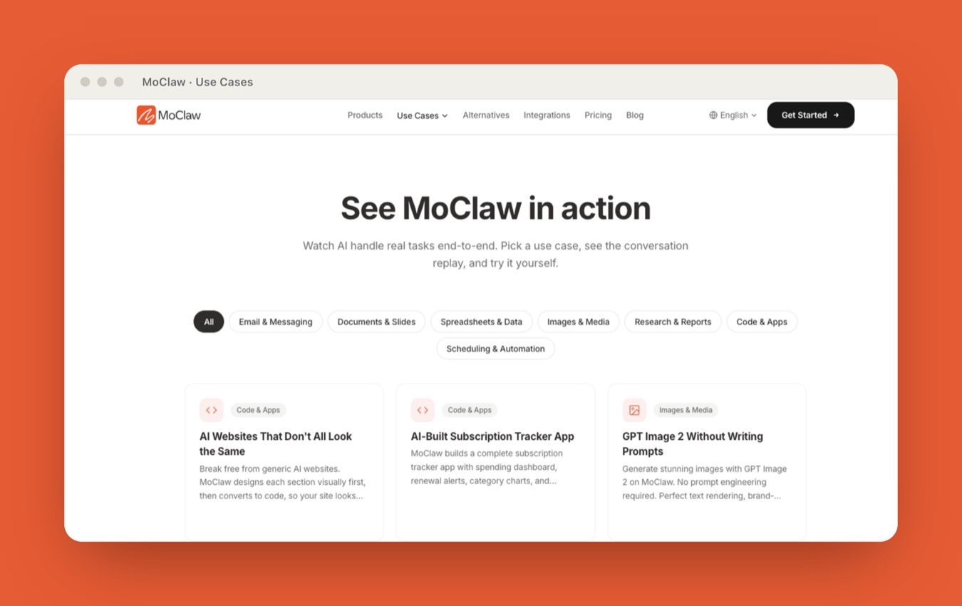 Zentor (formerly MoClaw) use-case gallery showing recurring browser and workspace tasks run end to end in the cloud