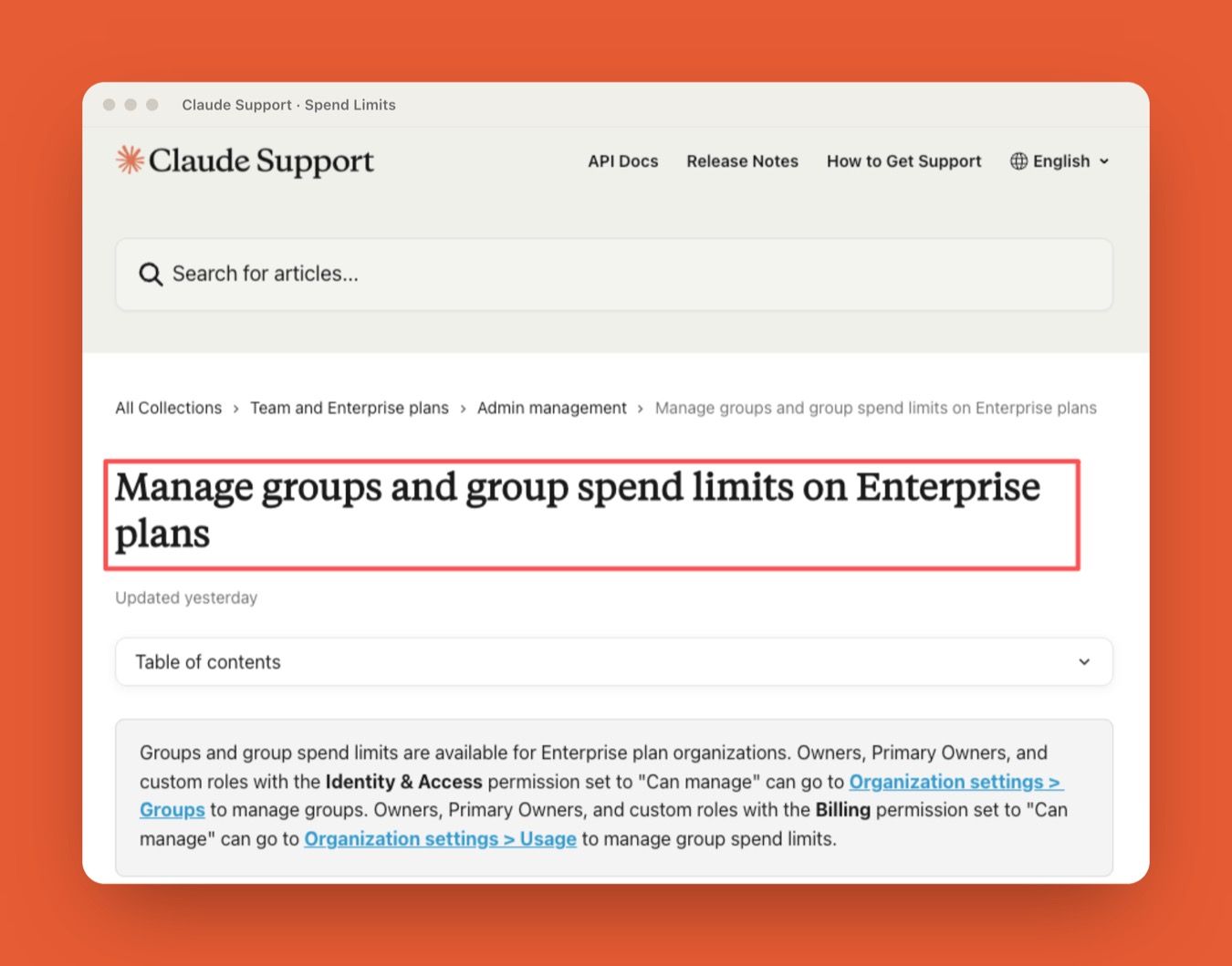 Claude Support documentation on managing groups and group spend limits on Enterprise plans