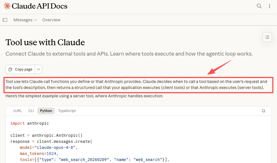 Claude API documentation on tool use, where Claude calls functions you define