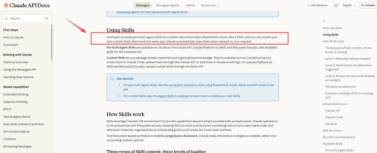 Claude documentation on using pre-built and custom Agent Skills