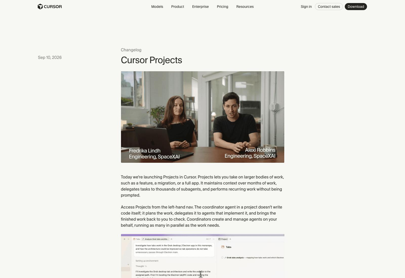 Cursor's changelog entry for Projects, dated 10 September 2026, describing work that persists over months and delegates to subagents