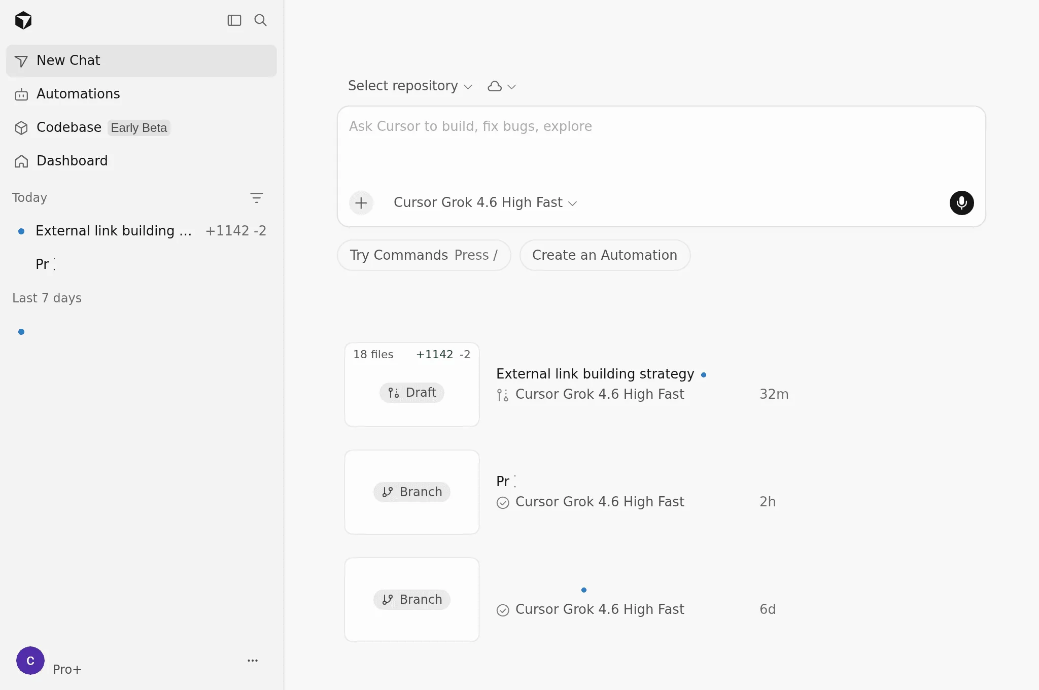 Cursor Agents dashboard: start a cloud coding agent from the browser, with recent runs and a repository picker