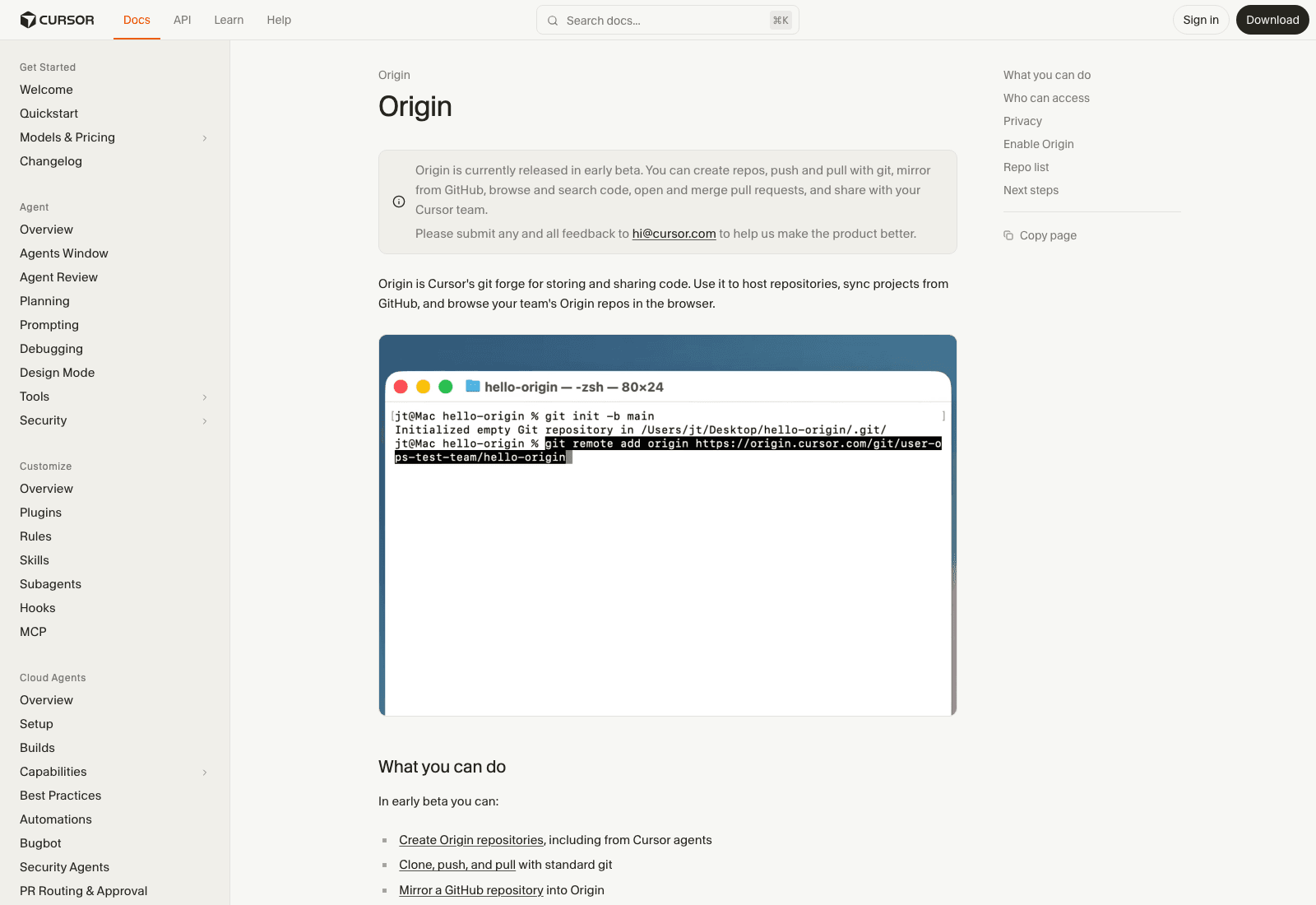 Cursor's Origin documentation showing the early-beta scope and the standard git remote, origin.cursor.com, used to push and pull.