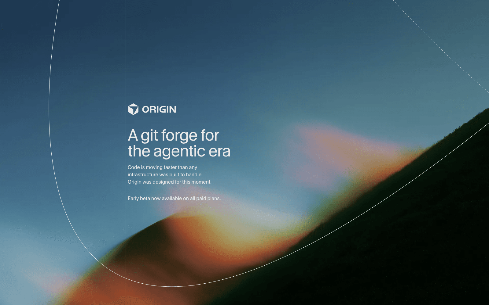 Cursor's Origin landing page, live as of August 19, 2026: "A git forge for the agentic era," with early beta availability limited to paid plans.