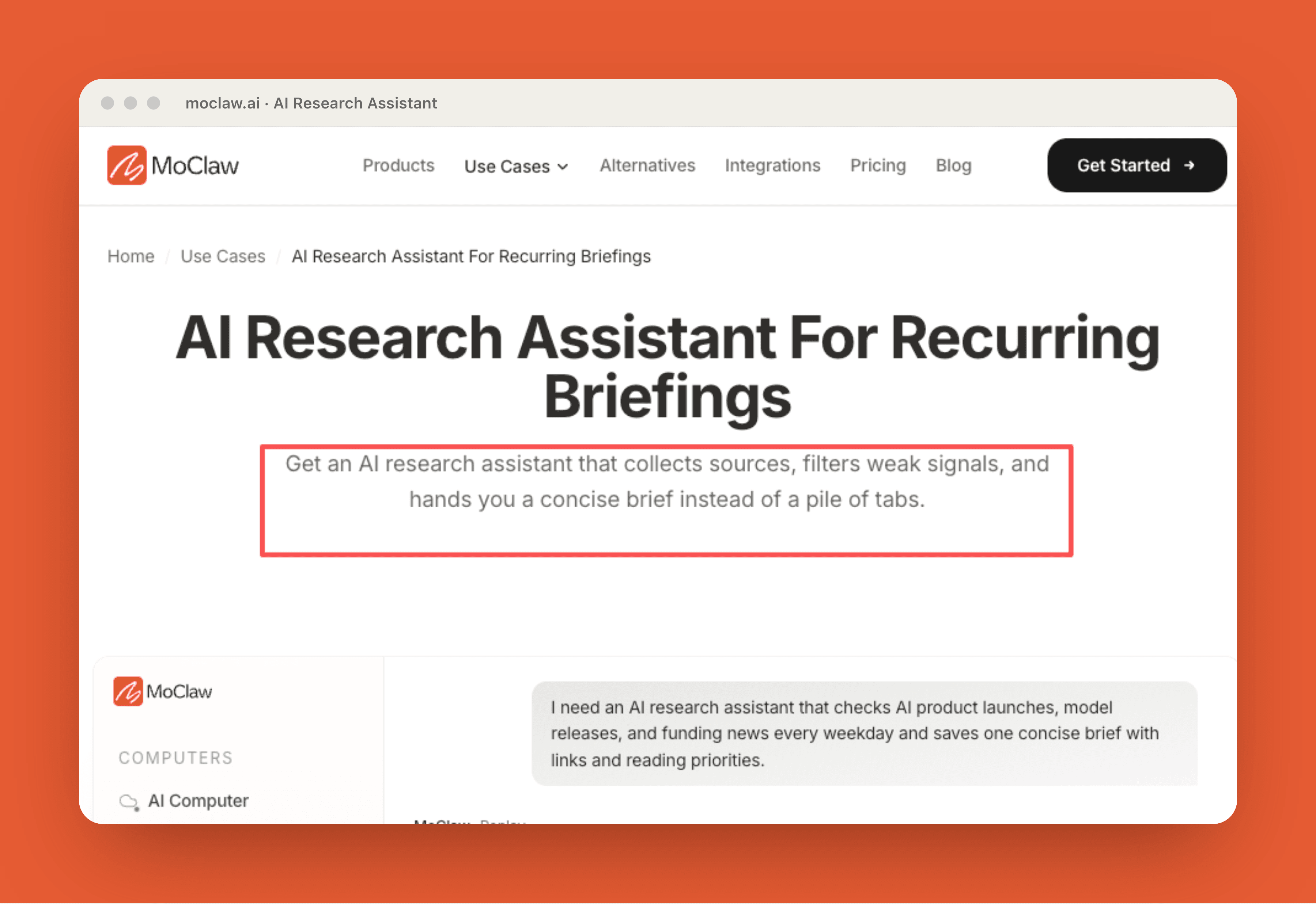 Zentor (formerly MoClaw) AI research assistant showing source logs and recurring briefs