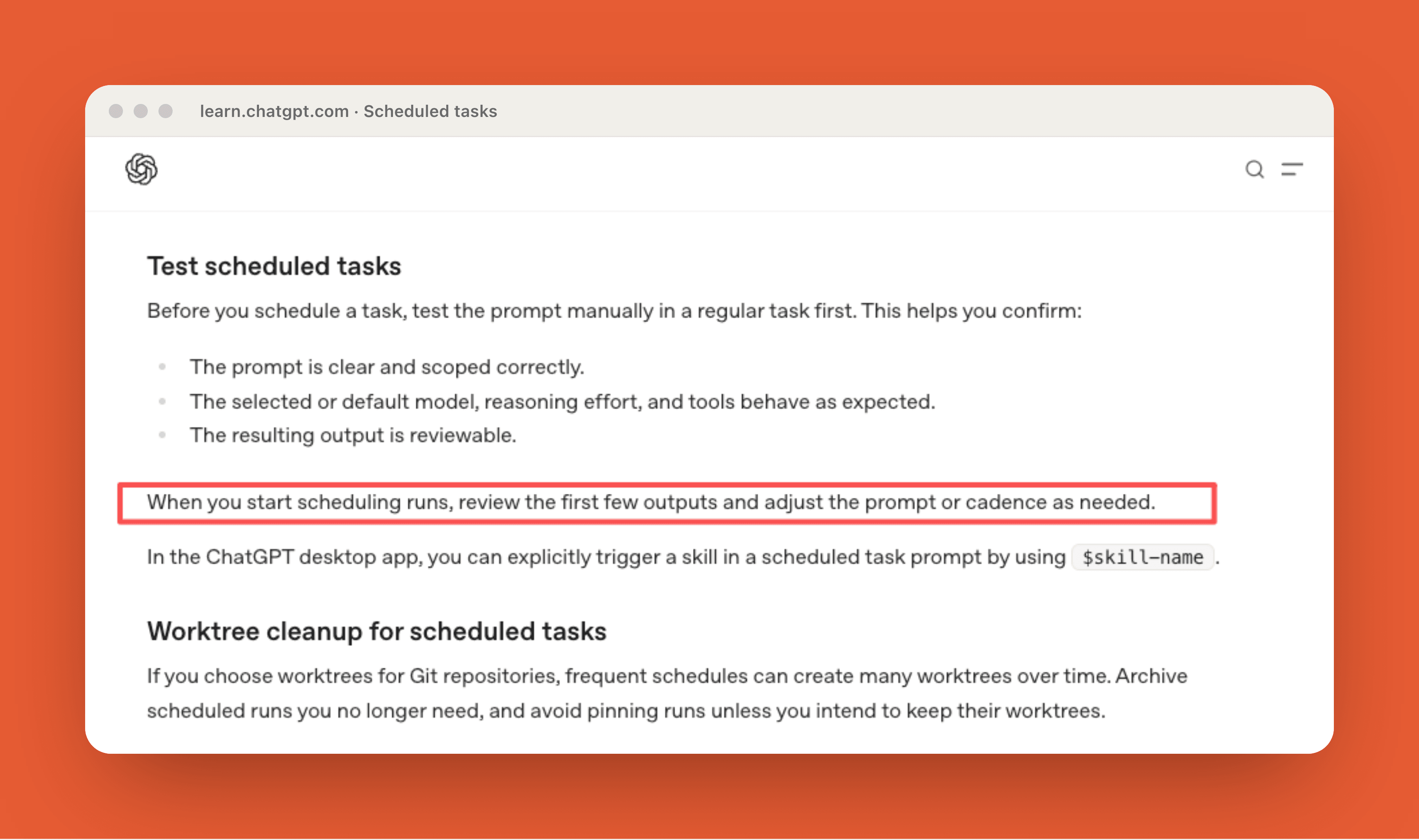 Reviewing early scheduled ChatGPT Work drafts before automating the cadence
