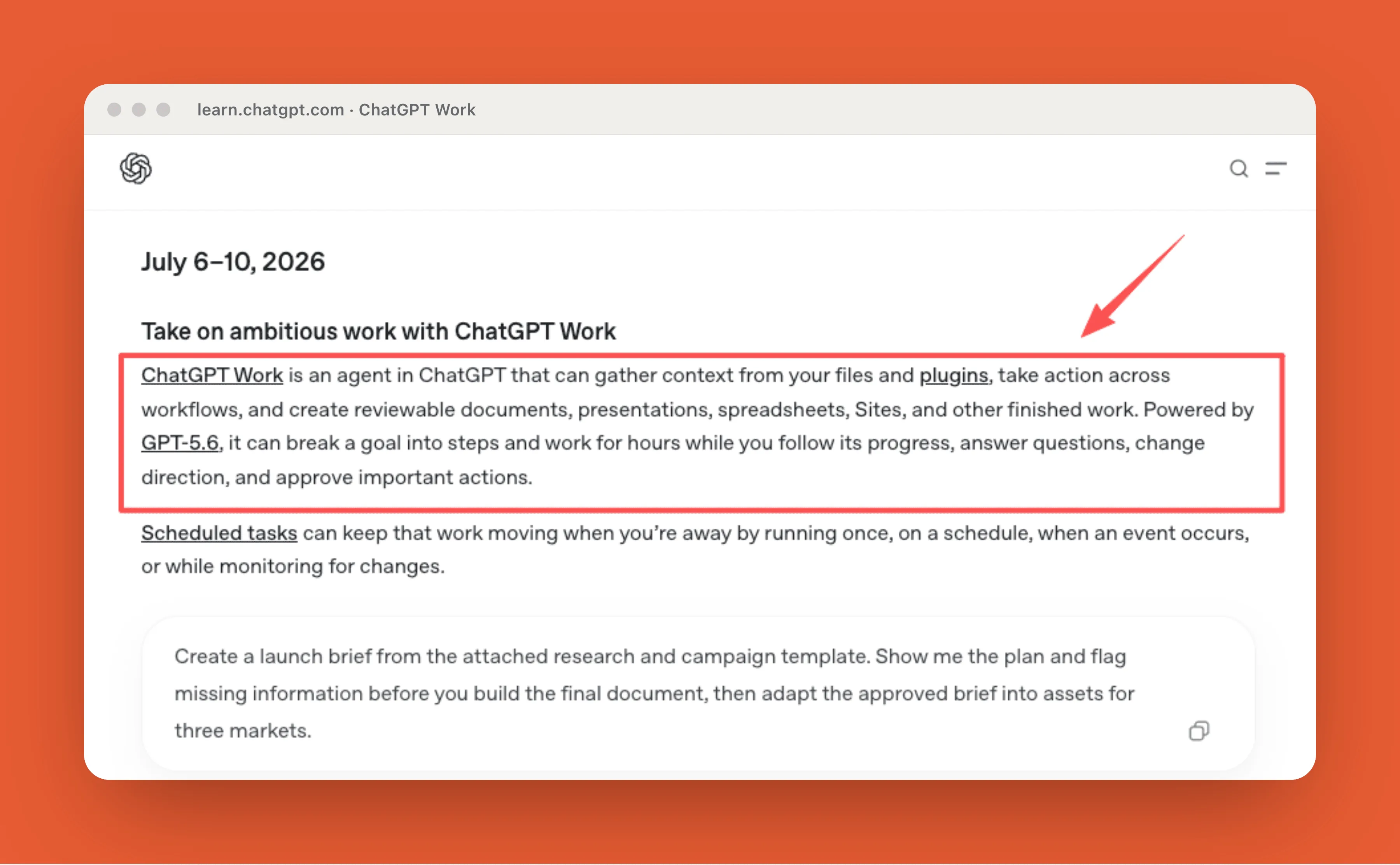 ChatGPT Work described as a GPT-5.6 agent in OpenAI's feature digest