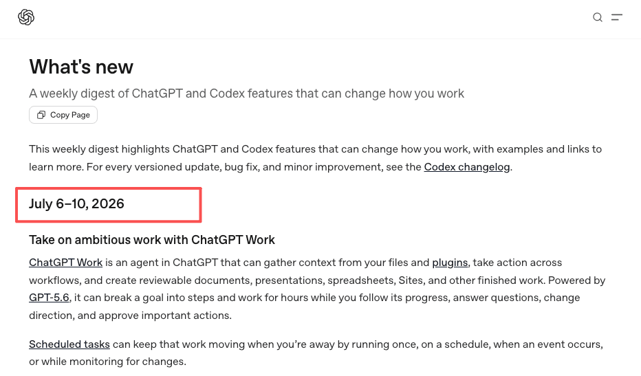 OpenAI's What's New digest introducing ChatGPT Work in the July 6-10, 2026 update
