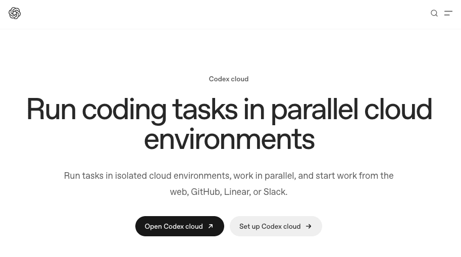 OpenAI Codex cloud page: run coding tasks in parallel isolated cloud environments