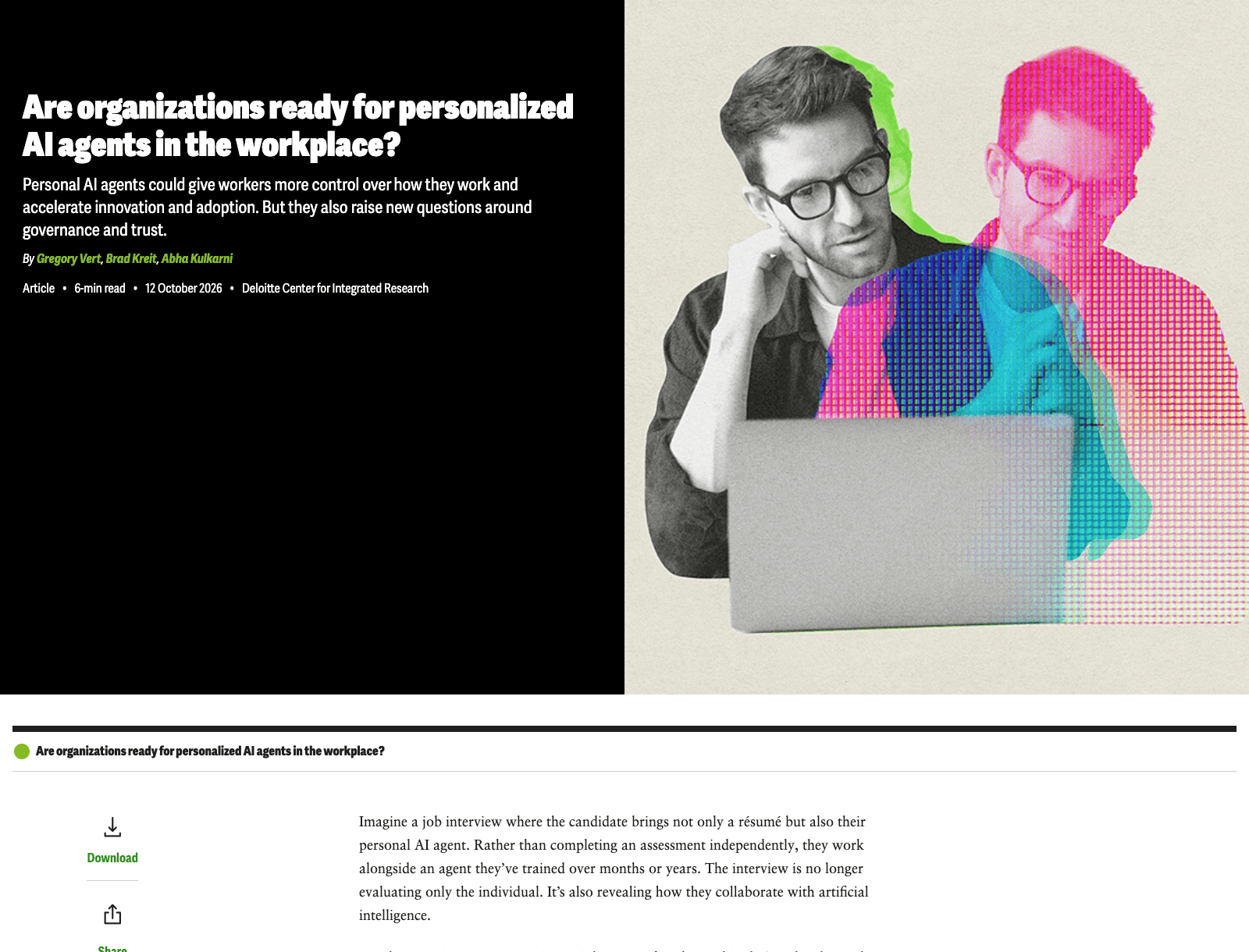 Deloitte's public research page on personal AI agents at work, discussing opportunities, trust and governance.