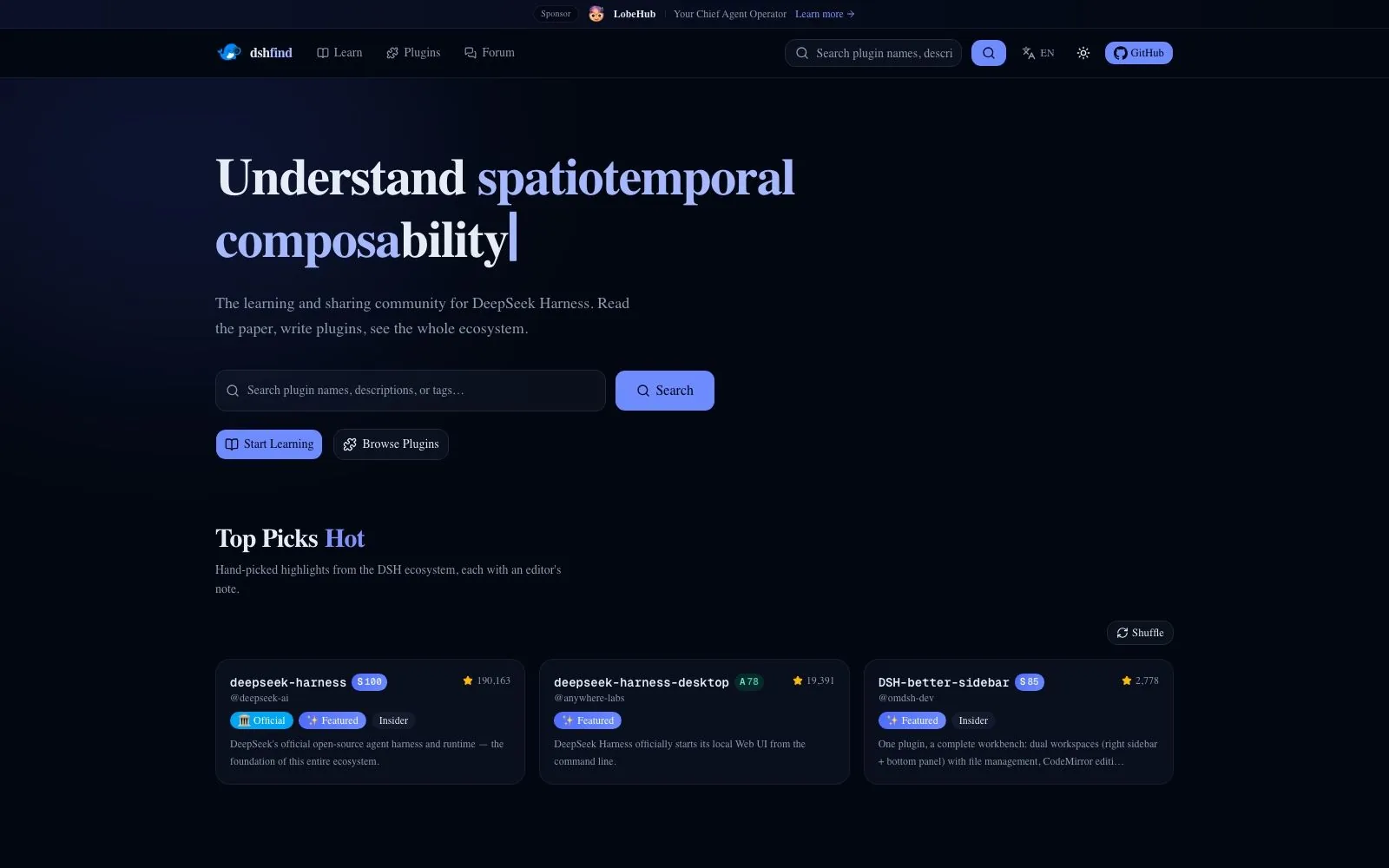 The dshfind.com directory for DeepSeek Harness plugins, showing deepseek-harness itself at 190,163 stars alongside deepseek-harness-desktop and DSH-better-sidebar in the editor-picked Top Picks row