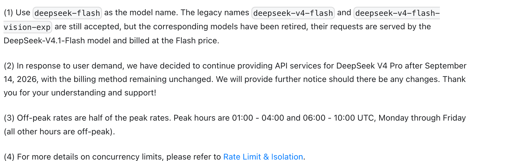 Footnotes from DeepSeek's pricing page. Footnote 1 states that the legacy names deepseek-v4-flash and deepseek-v4-flash-vision-exp are still accepted but the corresponding models have been retired and served by DeepSeek-V4.1-Flash. Footnote 3 defines peak hours as 01:00-04:00 and 06:00-10:00 UTC, Monday through Friday.