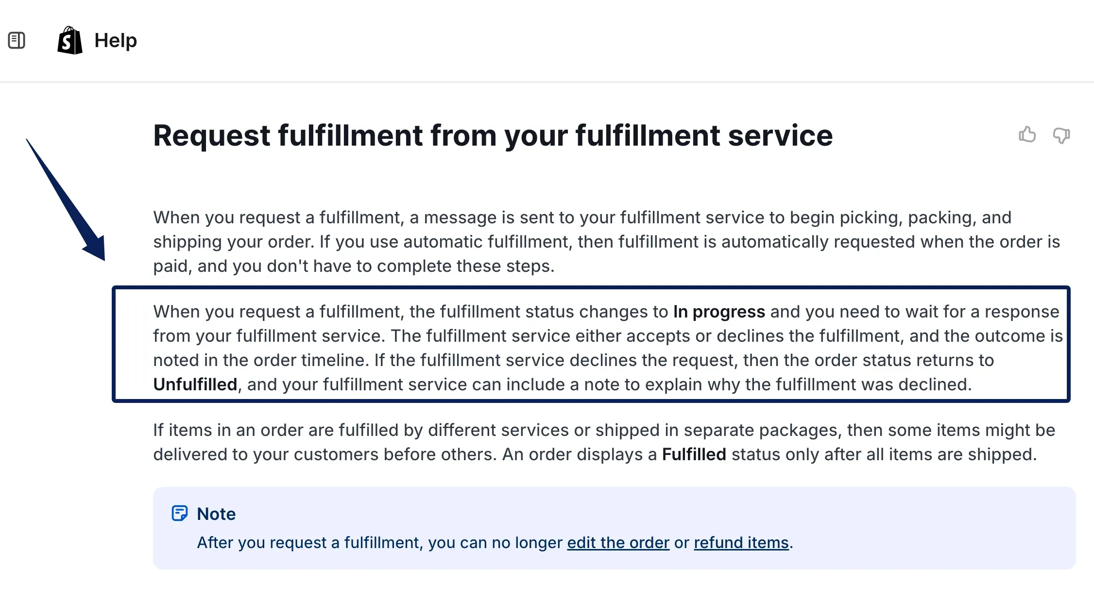 Shopify Help Center: a fulfillment request changes status to In progress before the service accepts or declines it.