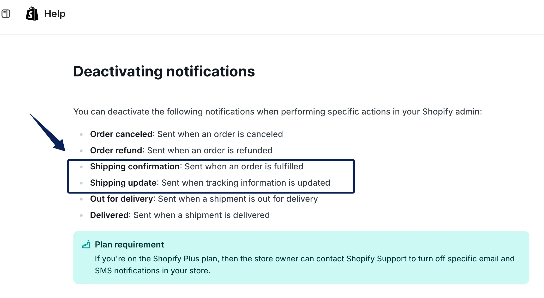 Shopify Help Center distinguishes shipping confirmation from updates to tracking information.