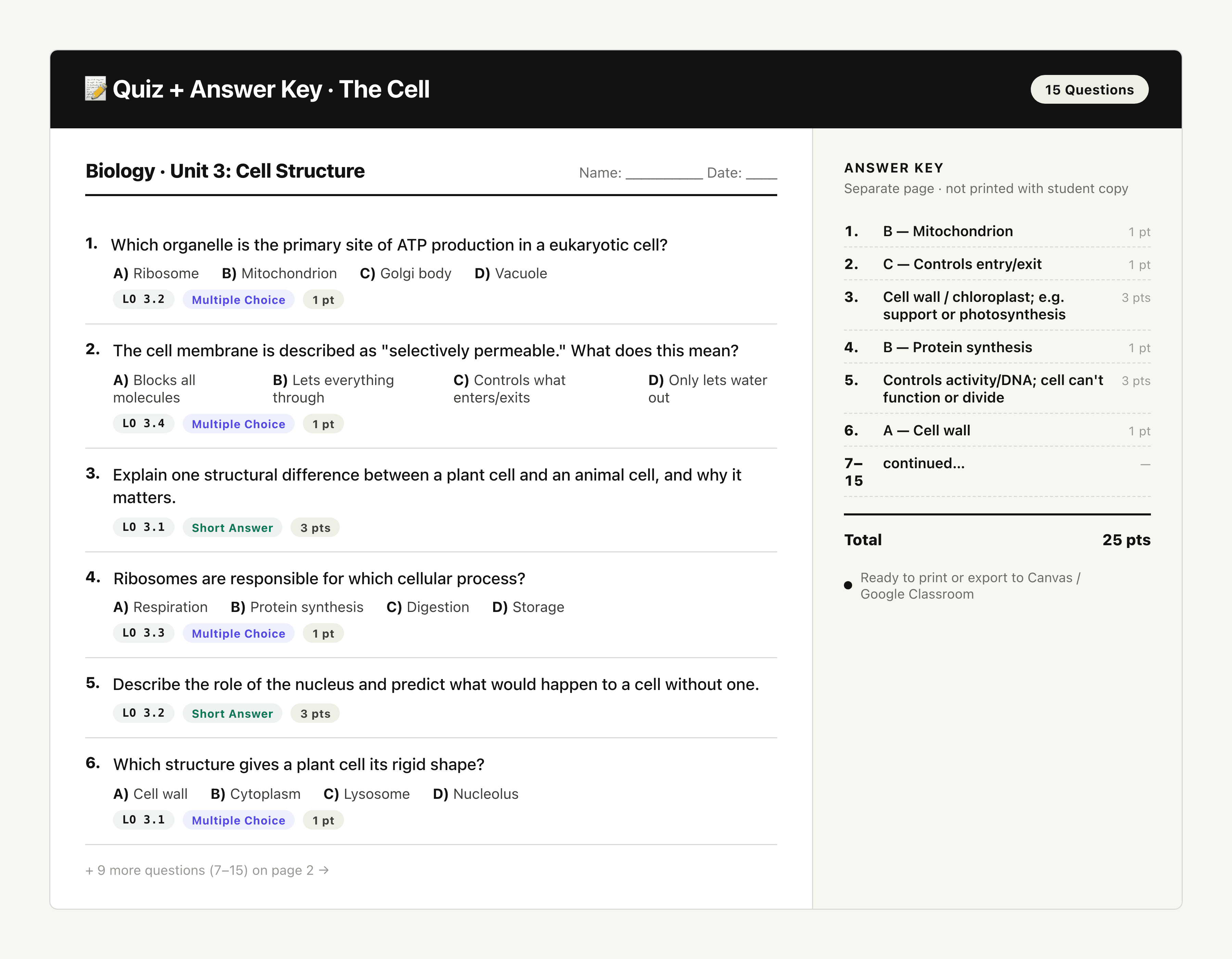 Quiz and Answer Key from Material output preview