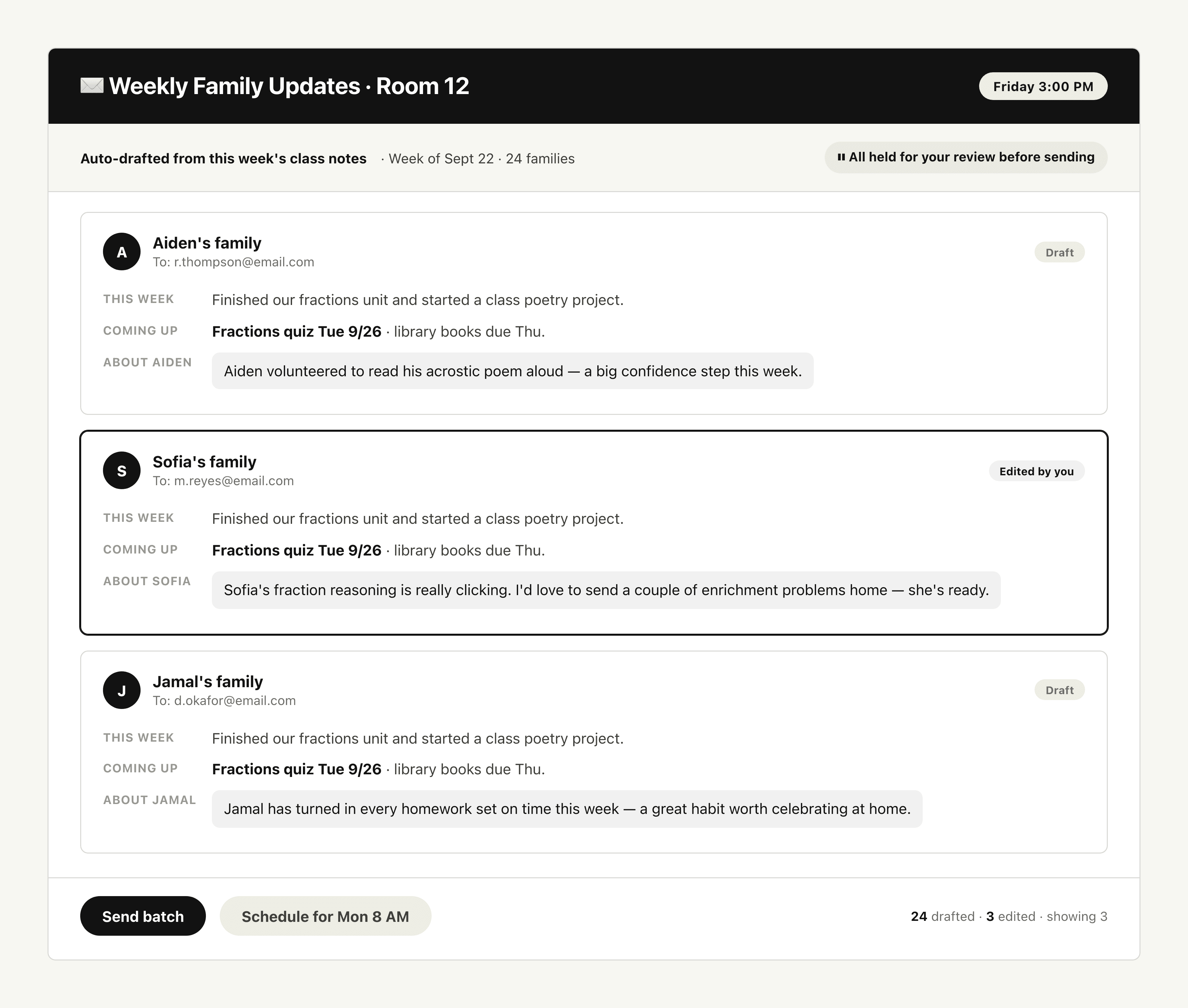 Weekly Parent Update, Drafted for Approval output preview