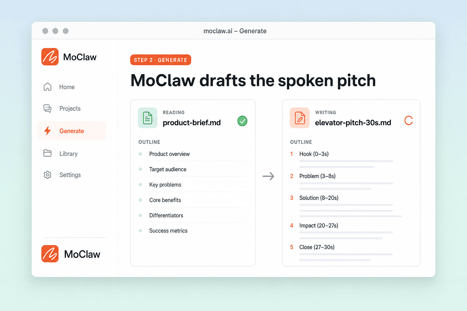 Step 2: Zentor (formerly MoClaw) drafting a timed elevator pitch