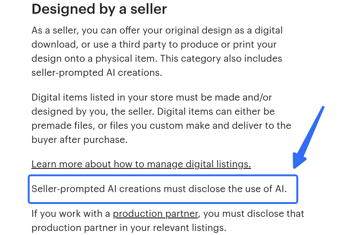 Etsy seller policy requiring disclosure of seller-prompted AI creations in listings